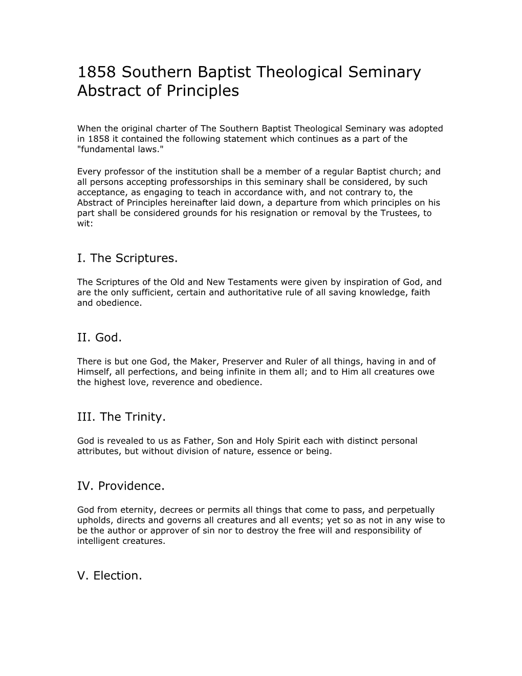 1858 Southern Baptist Theological Seminary Abstract of Principles