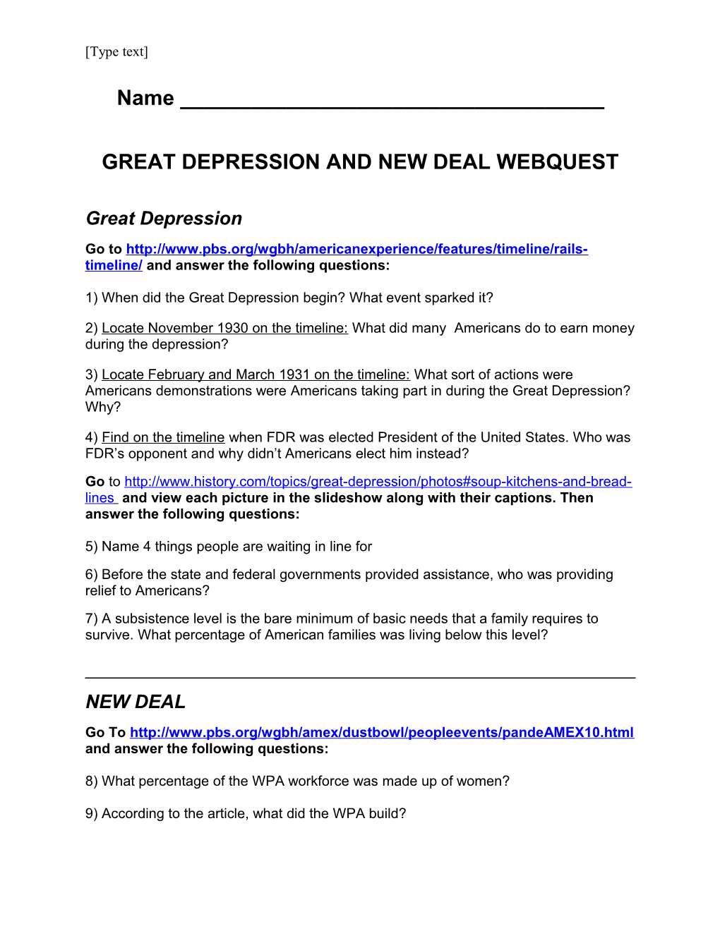 Great Depression and New Deal Webquest