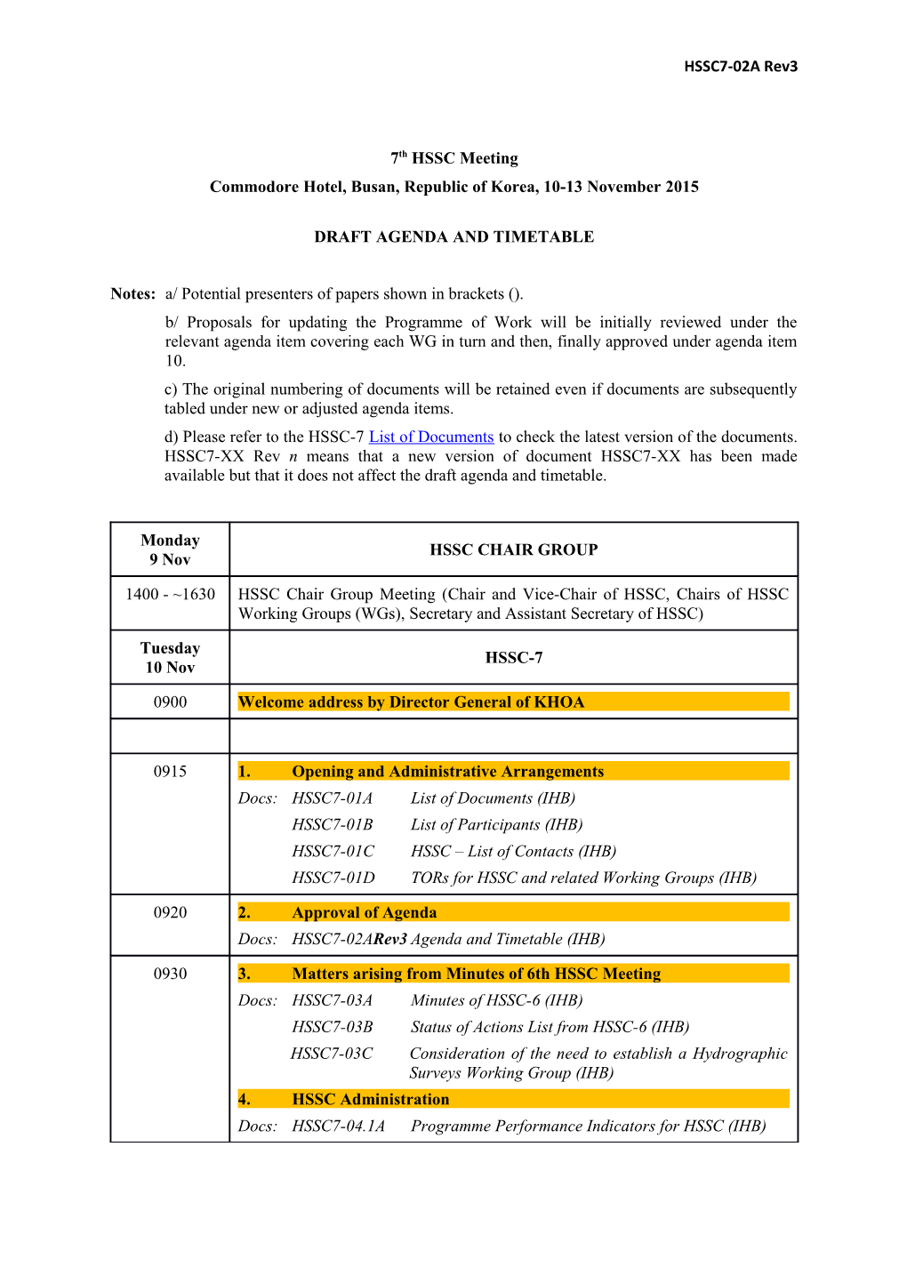 Draft Agenda and Timetable