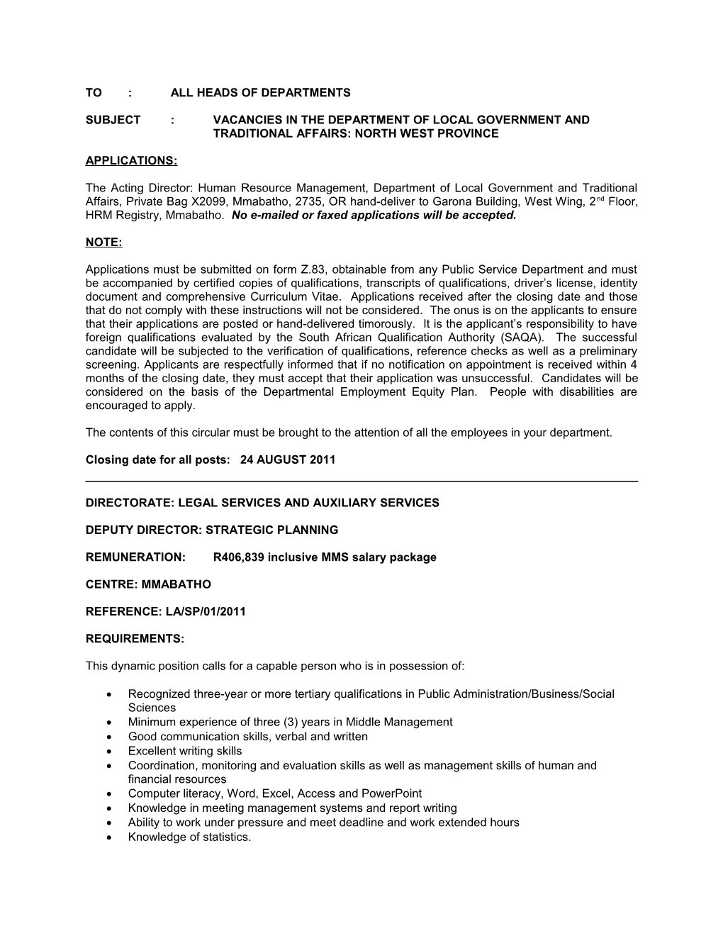 Subject:Vacancies in the Department of Local Government And