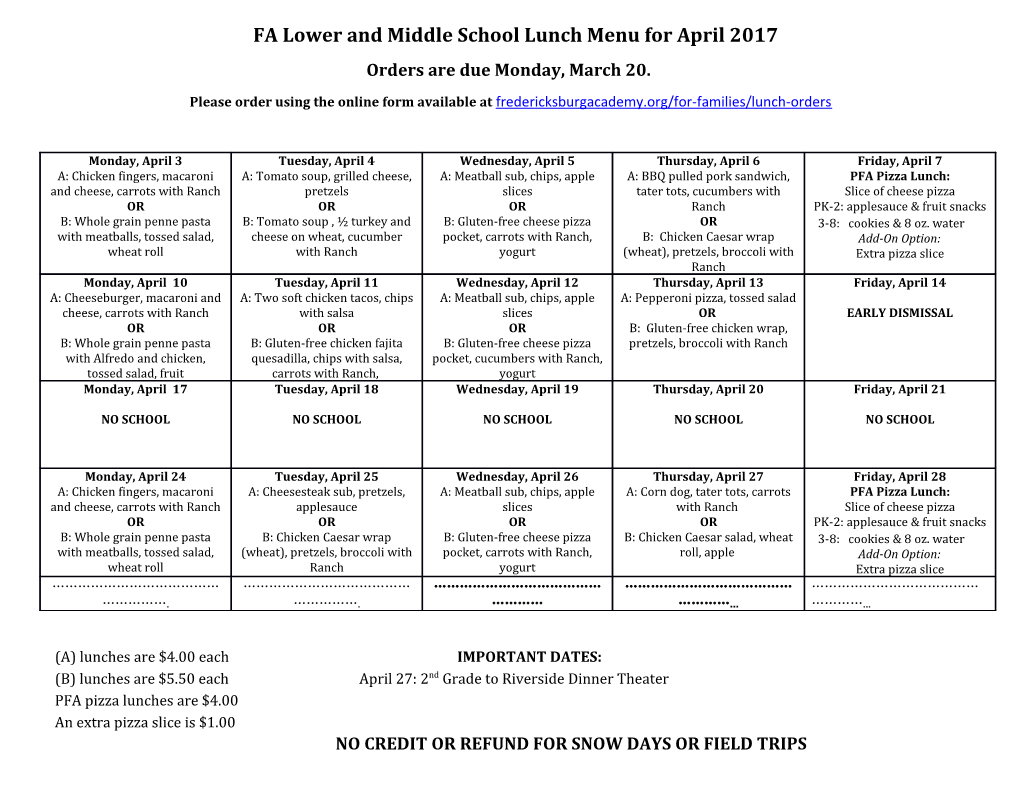 FA Lower and Middle School Lunch Menu for April 2017