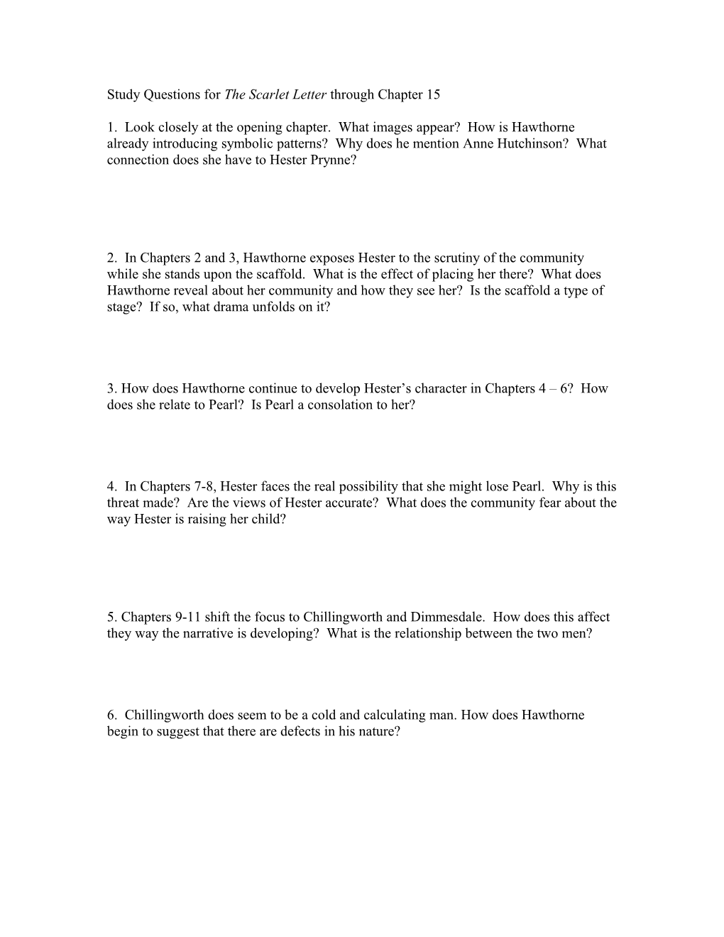 Study Questions for the Scarlet Letter Through Chapter 15