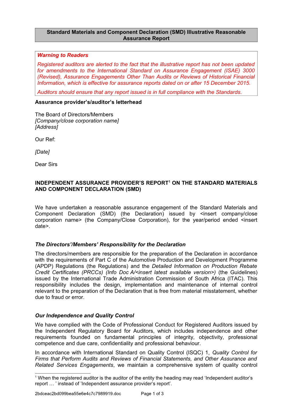 Standard Materials and Component Declaration (SMD) Illustrative Reasonable Assurance Report