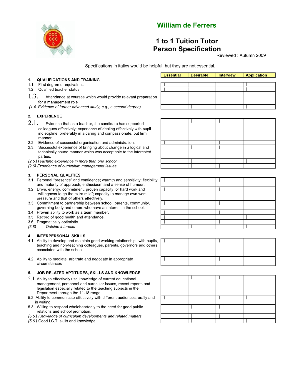 An Example of a Person Specification of Tutors (William De Ferrers)