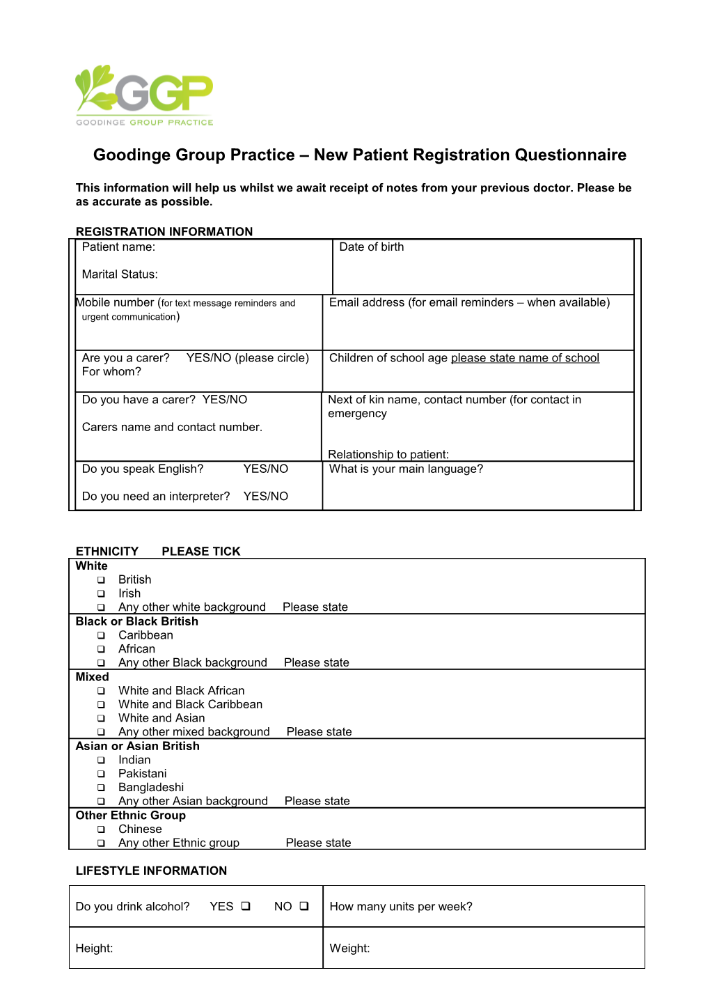 Goodinge Group Practice - New Patient Registration, Health Check