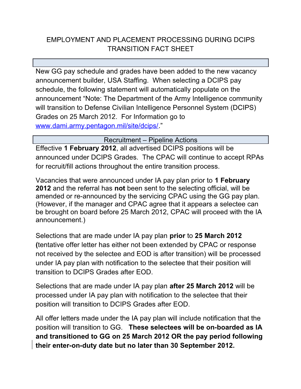 Employment and Placement Processing During Dcips Transition Fact Sheet