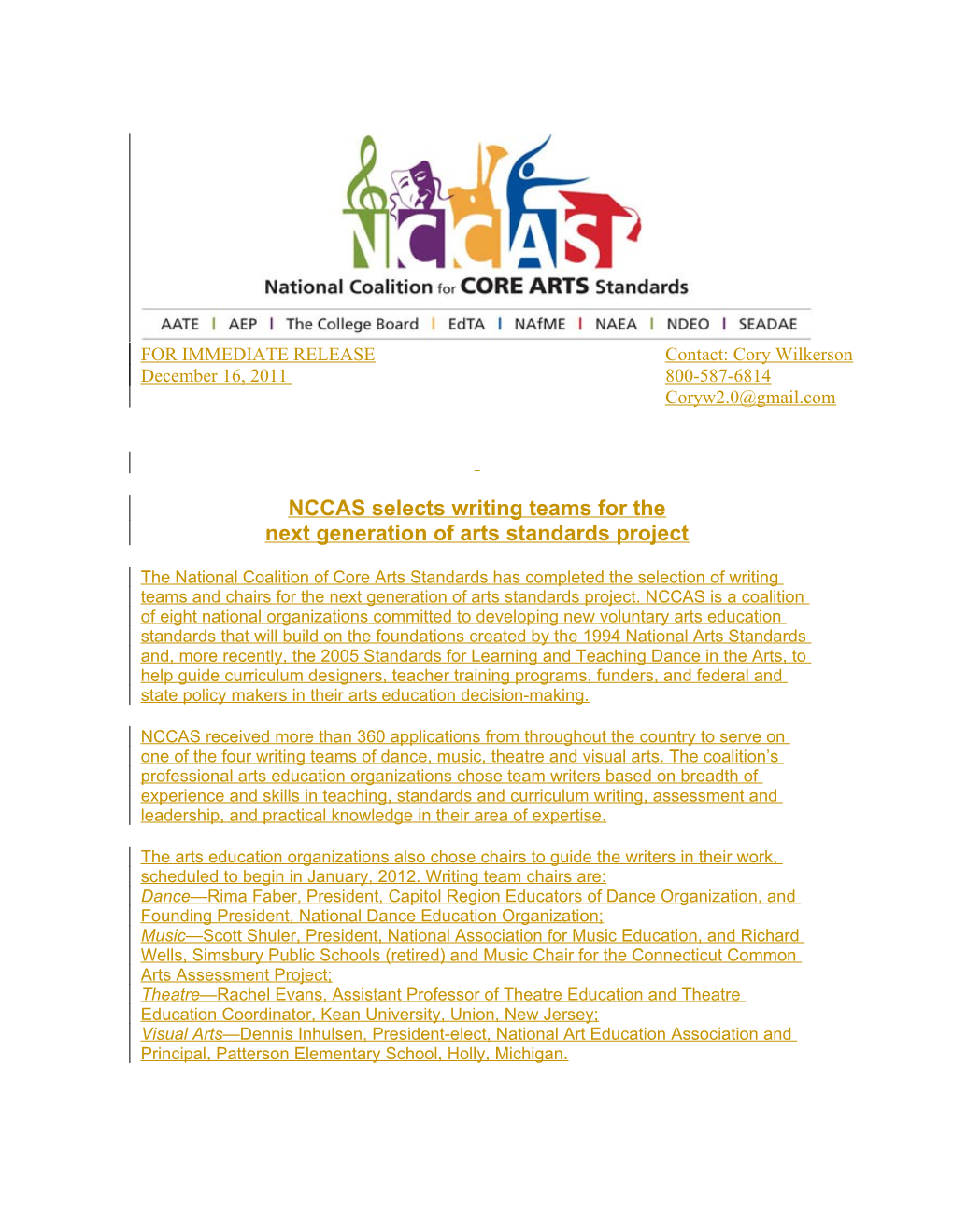 NCCAS Selects Writing Teams for the Next Generation of Arts Standards Project