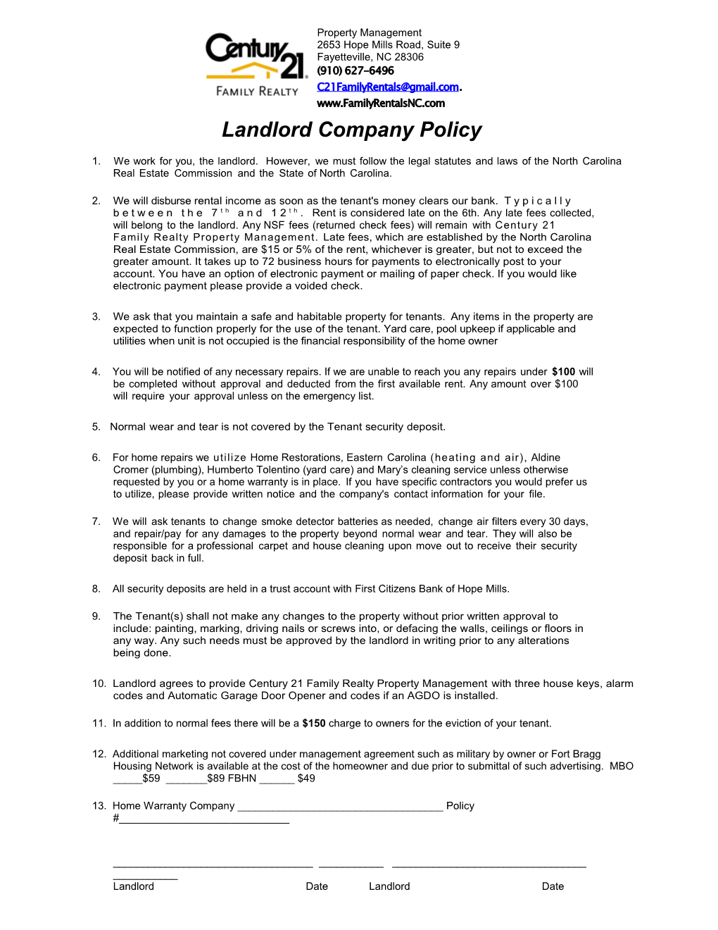 Landlord Company Policy