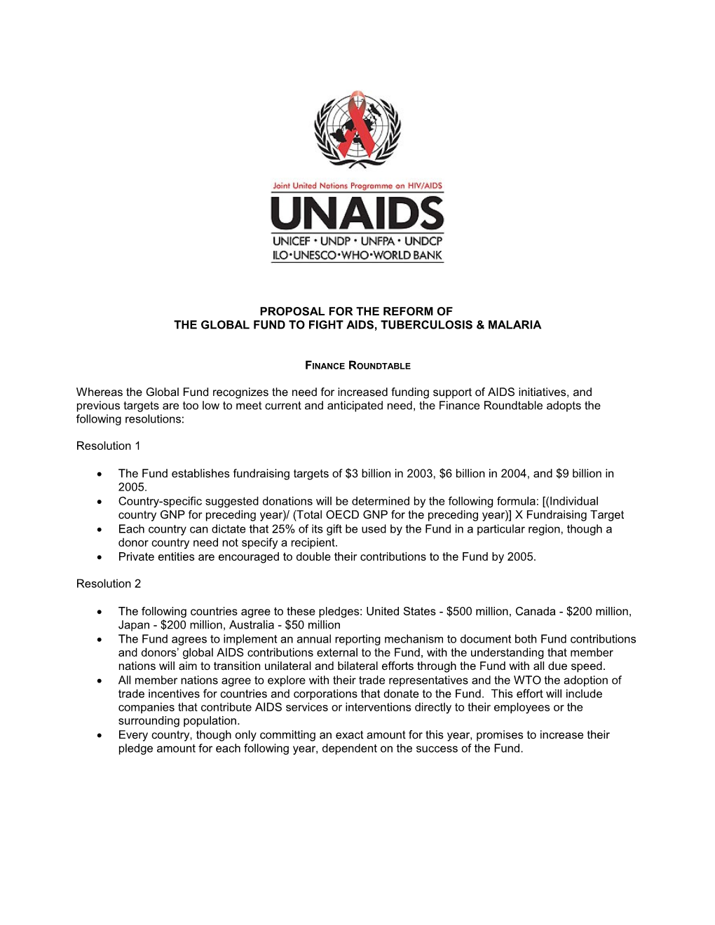 Resolutions of the Finance Committee of the Global Fund to Fight AIDS, Tuberc