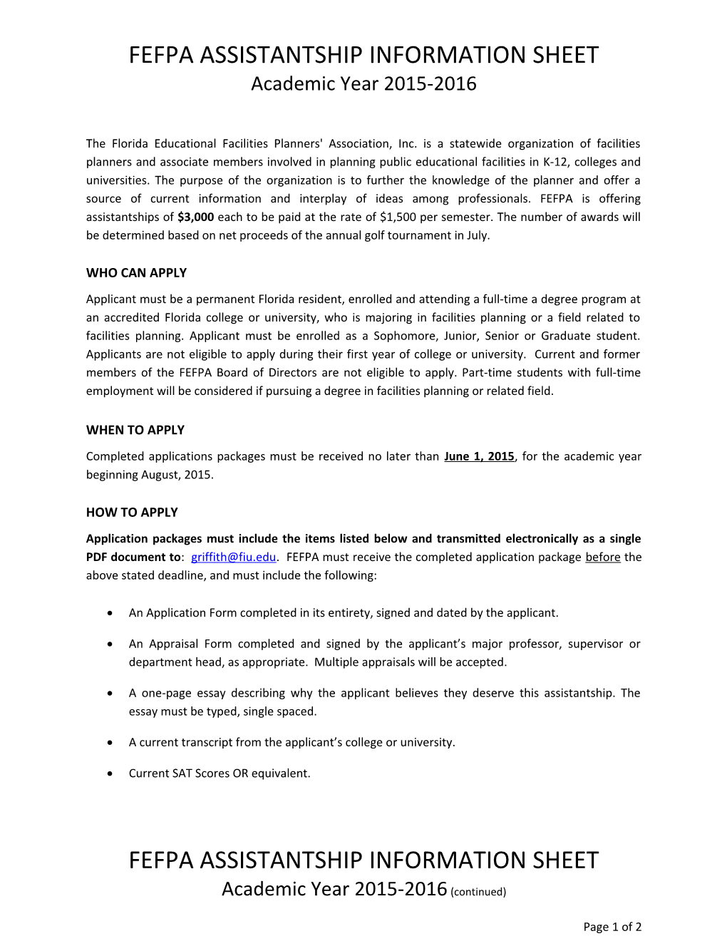 FEFPA ASSISTANTSHIP INFORMATION SHEET Academic Year 2015-2016