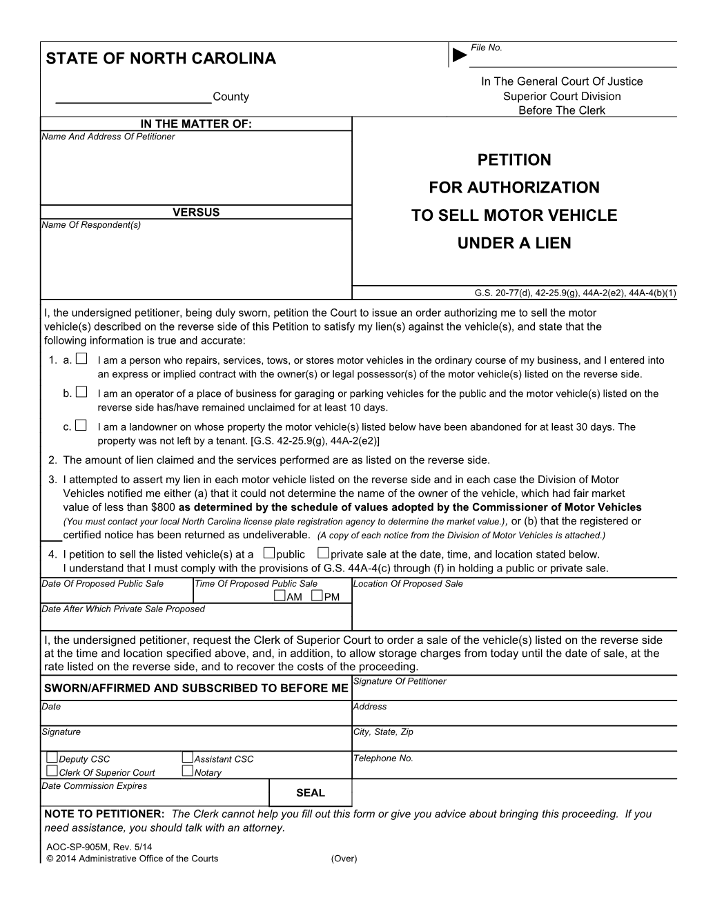 Petition for Authorization to Sell Motor Vehicle Under a Lien