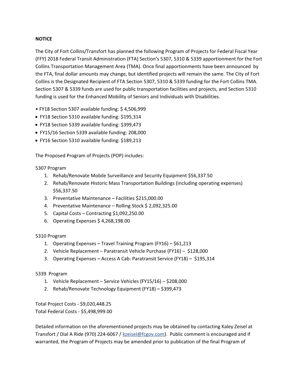 FY18 Section 5307 Available Funding: $ 4,506,999