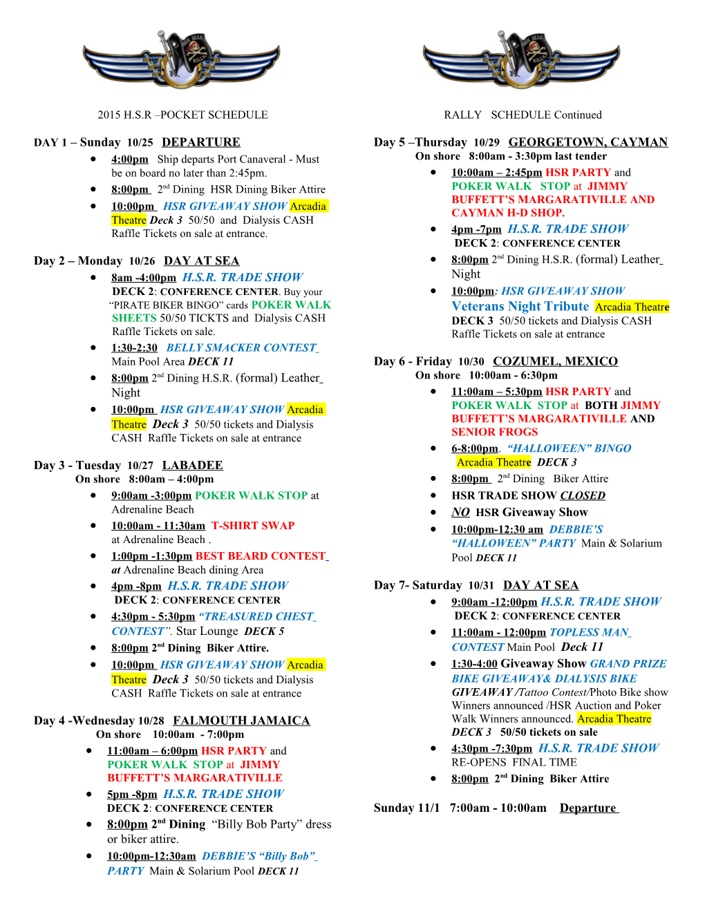 Alaska HOHS RALLY Schedule of Events