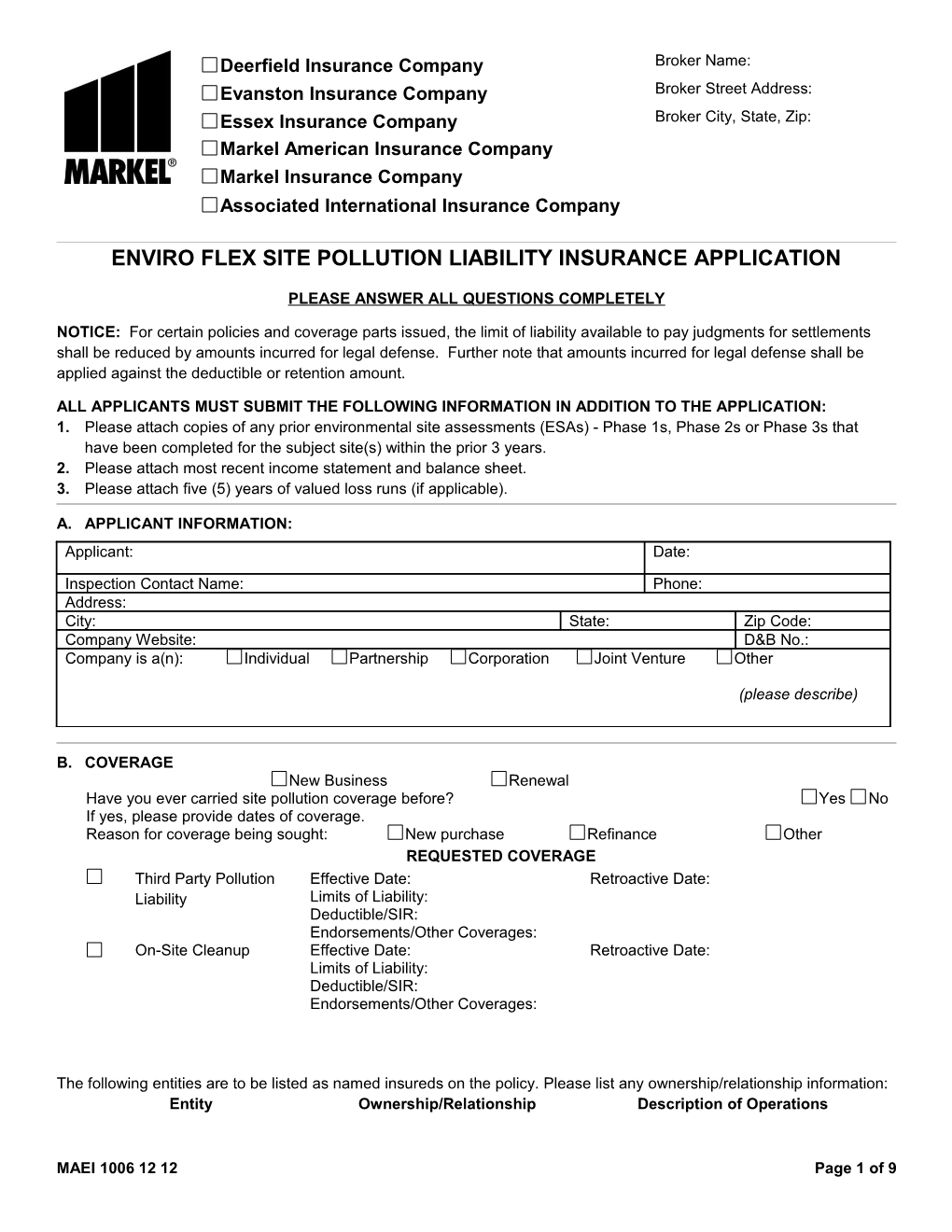 Enviro Flex Site Polution Liability Insurance Application