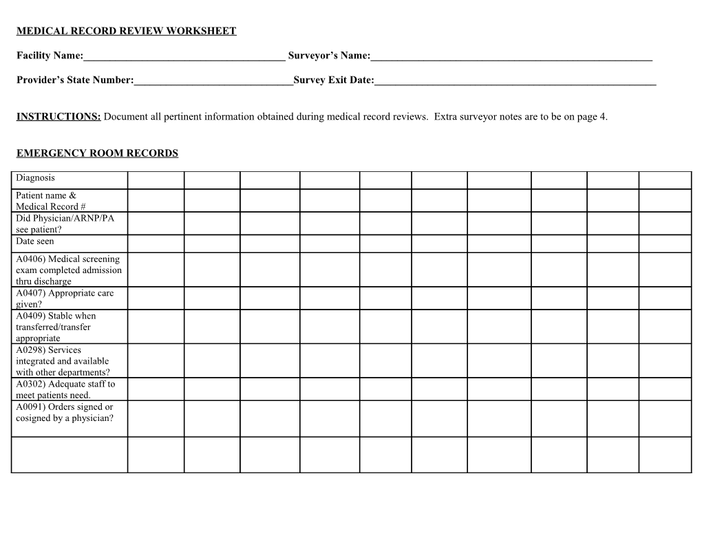 Medical Record Review Worksheet