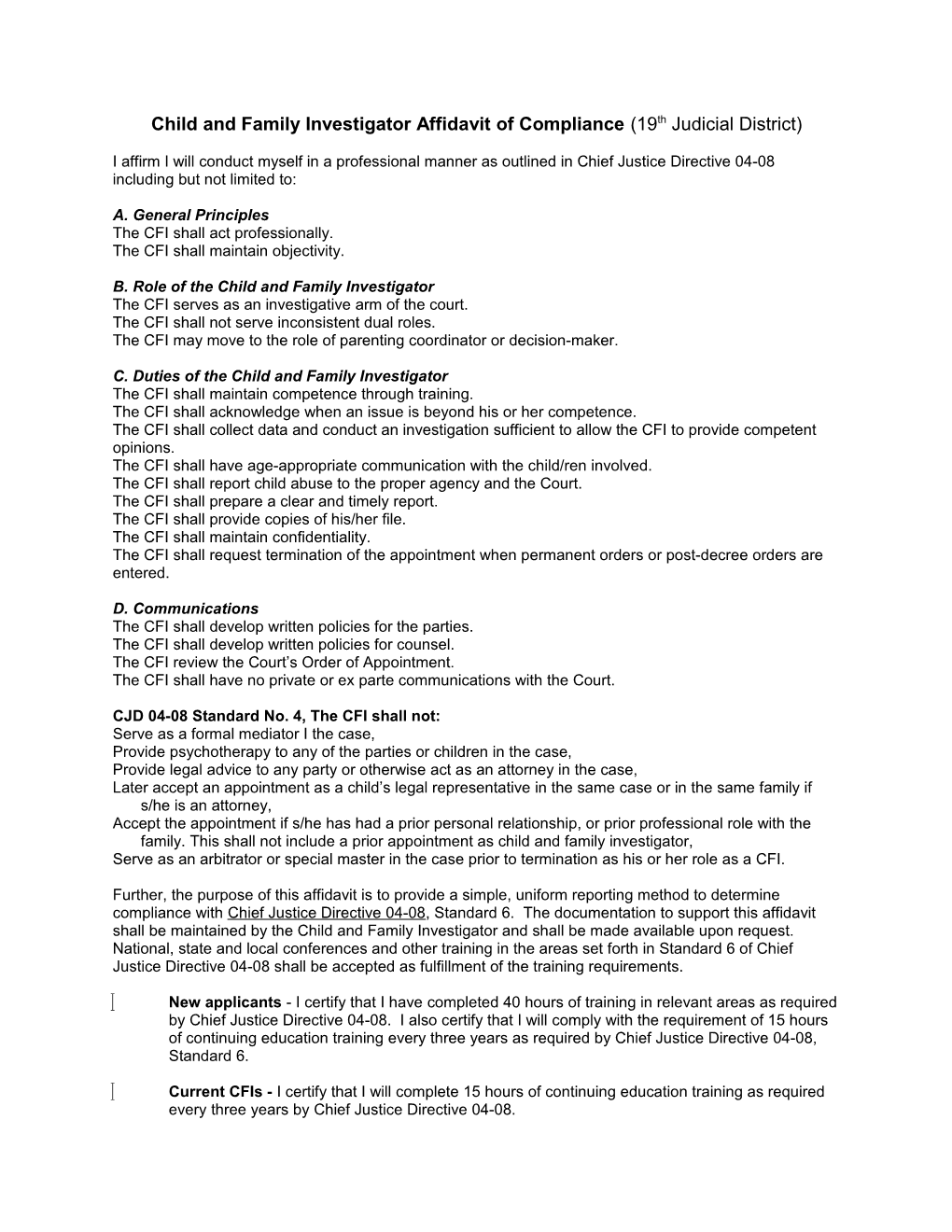 Child and Family Investigator Affidavit of Compliance (19Th Judicial District)