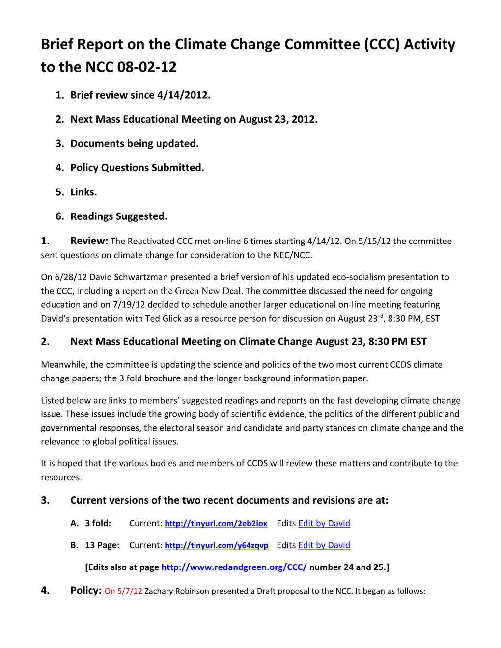 Brief Report on the Climate Change Committee (CCC) Activity to the NCC 08-02-12