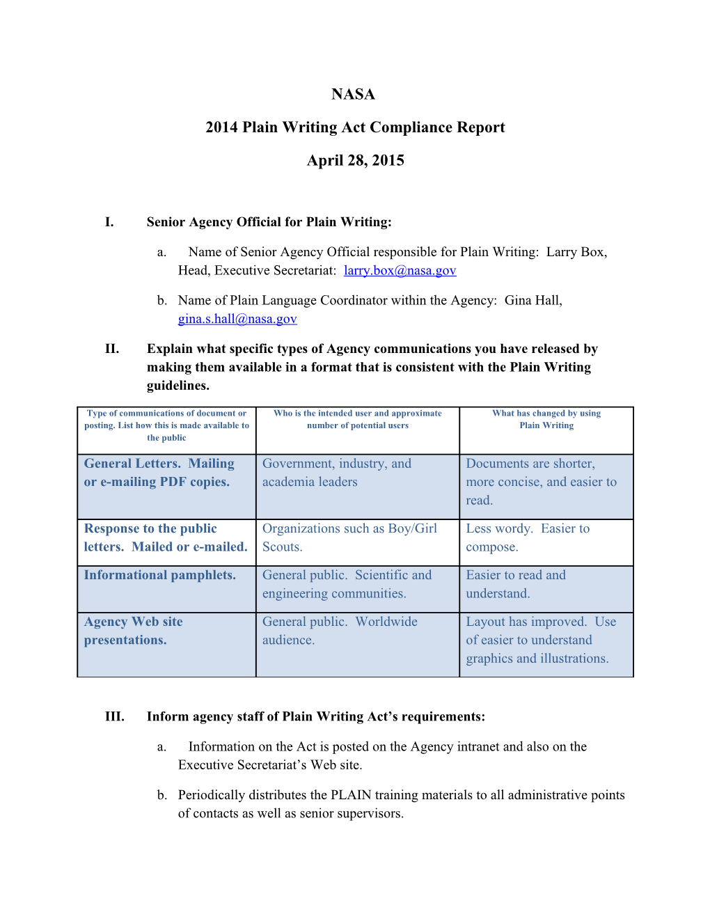 2014 Plain Writing Act Compliance Report