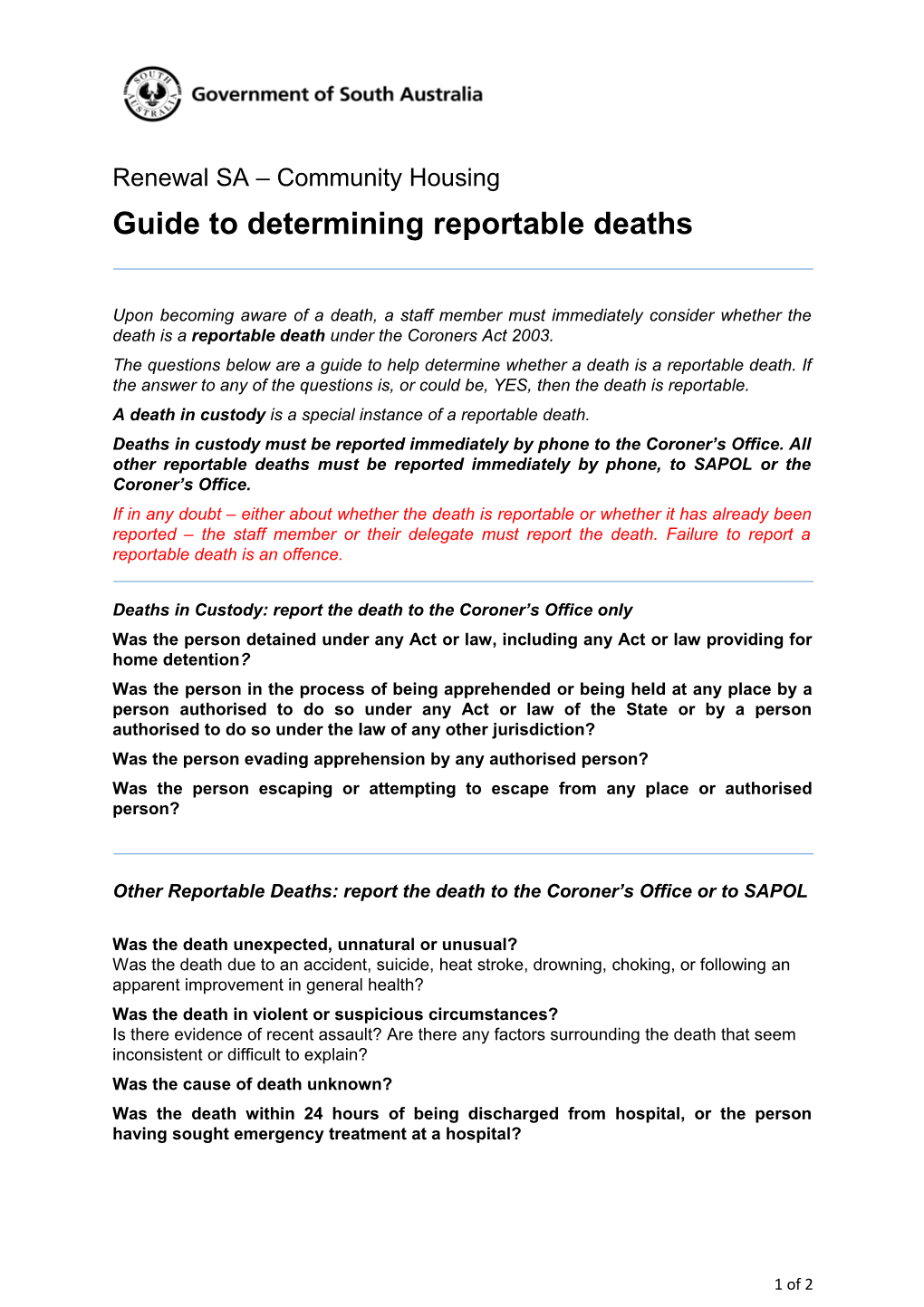 Guide to Determining Reportable Deaths