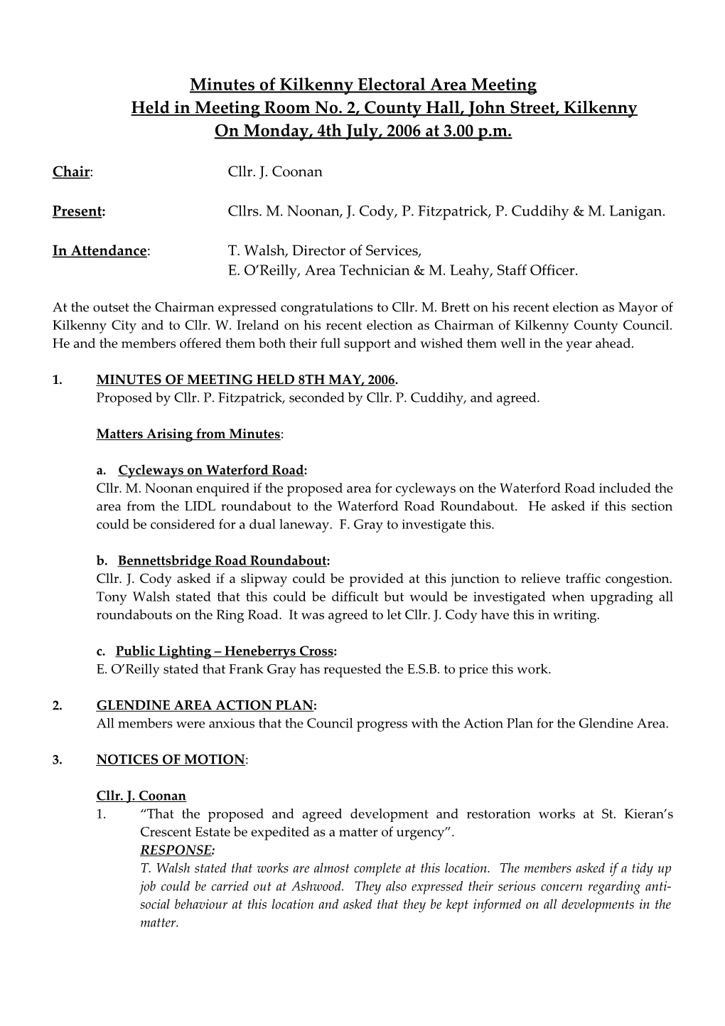 Minutes of Kilkenny Electoral Area Meeting