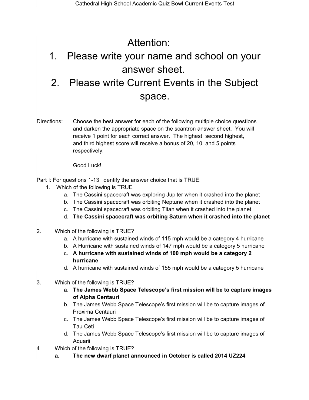 Cathedral High School Academic Quiz Bowl Current Events Test