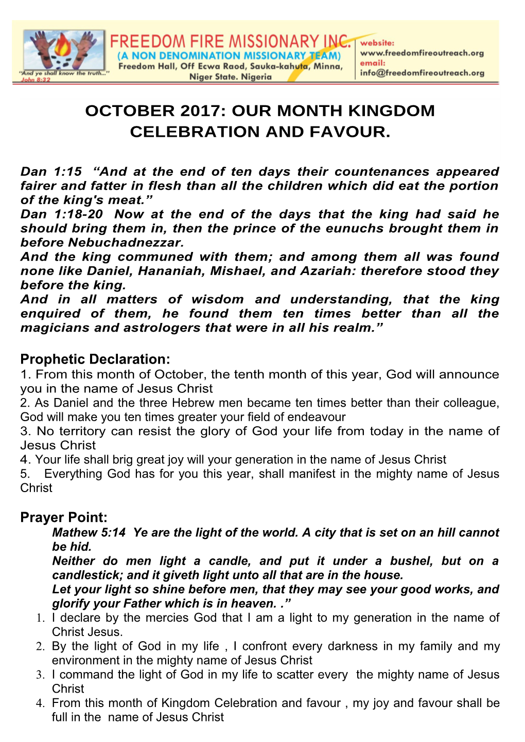 October 2017: Our Month Kingdom Celebration and Favour