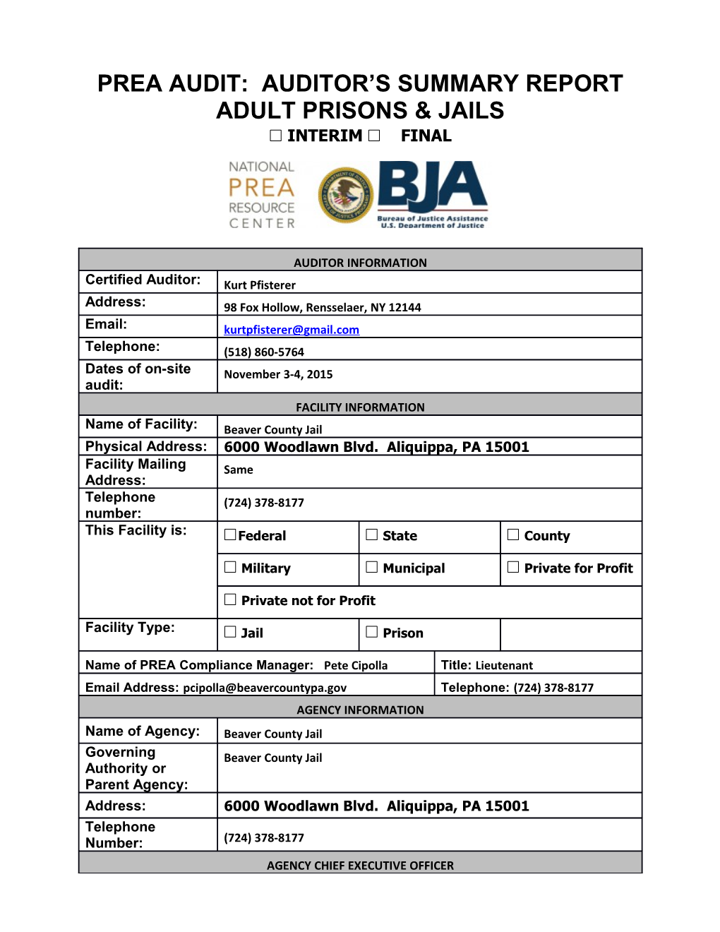 Prea Audit: Auditor S Summary Report