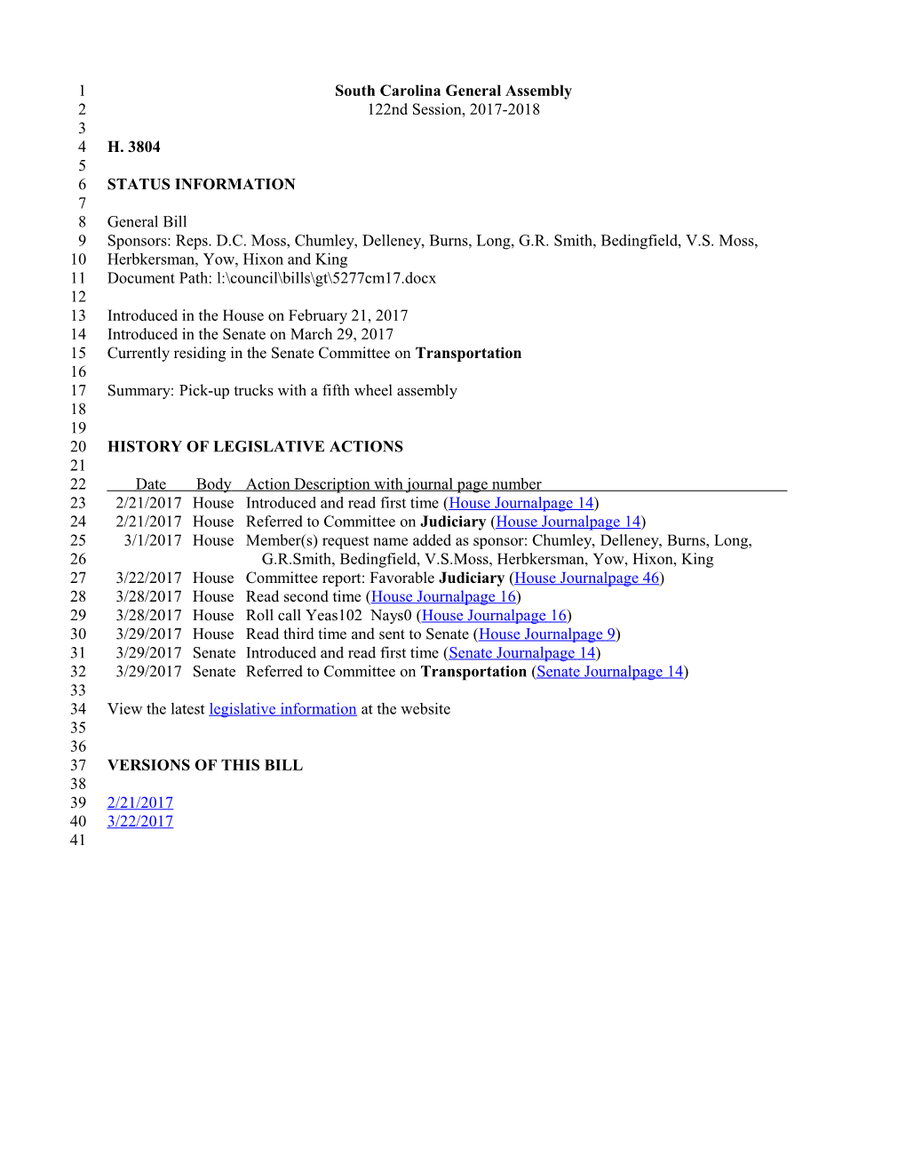 2017-2018 Bill 3804: Pick-Up Trucks with a Fifth Wheel Assembly - South Carolina Legislature