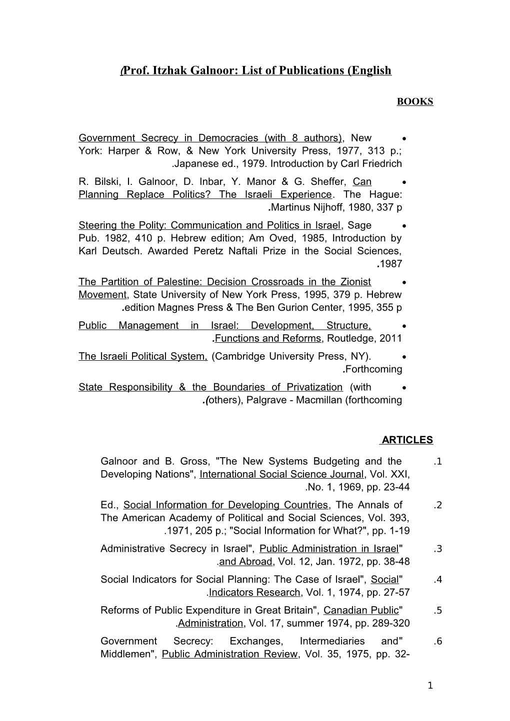 Prof. Itzhak Galnoor: List of Publications (English)