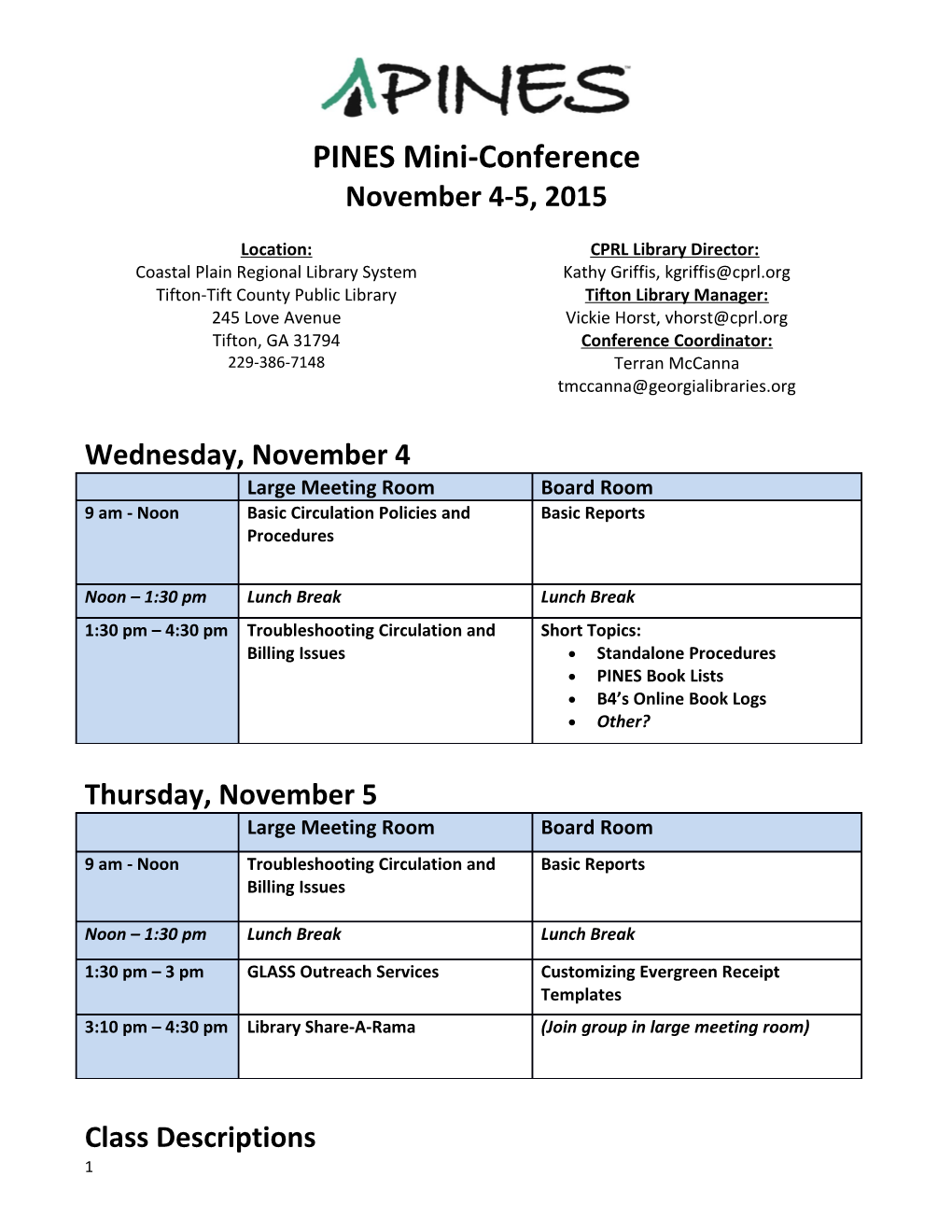 PINES Mini-Conference November 4-5, 2015