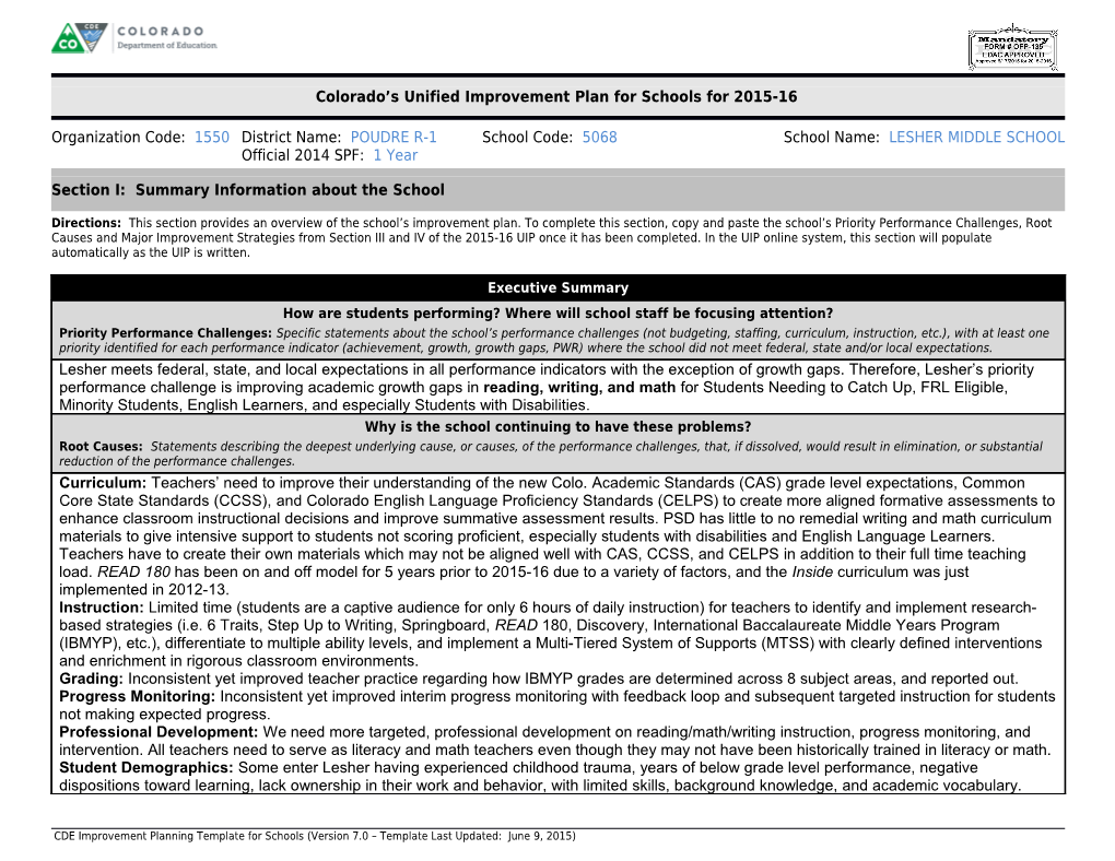 Colorado S Unified Improvement Plan for Schools for 2015-16