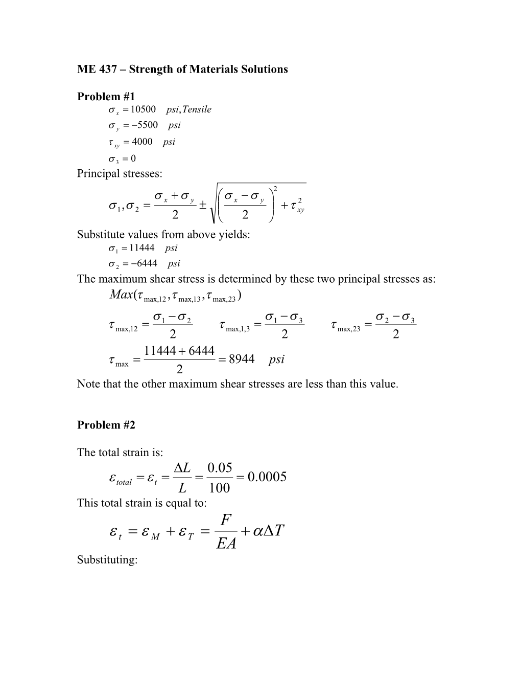 ME 437 Strength of Materials Solutions