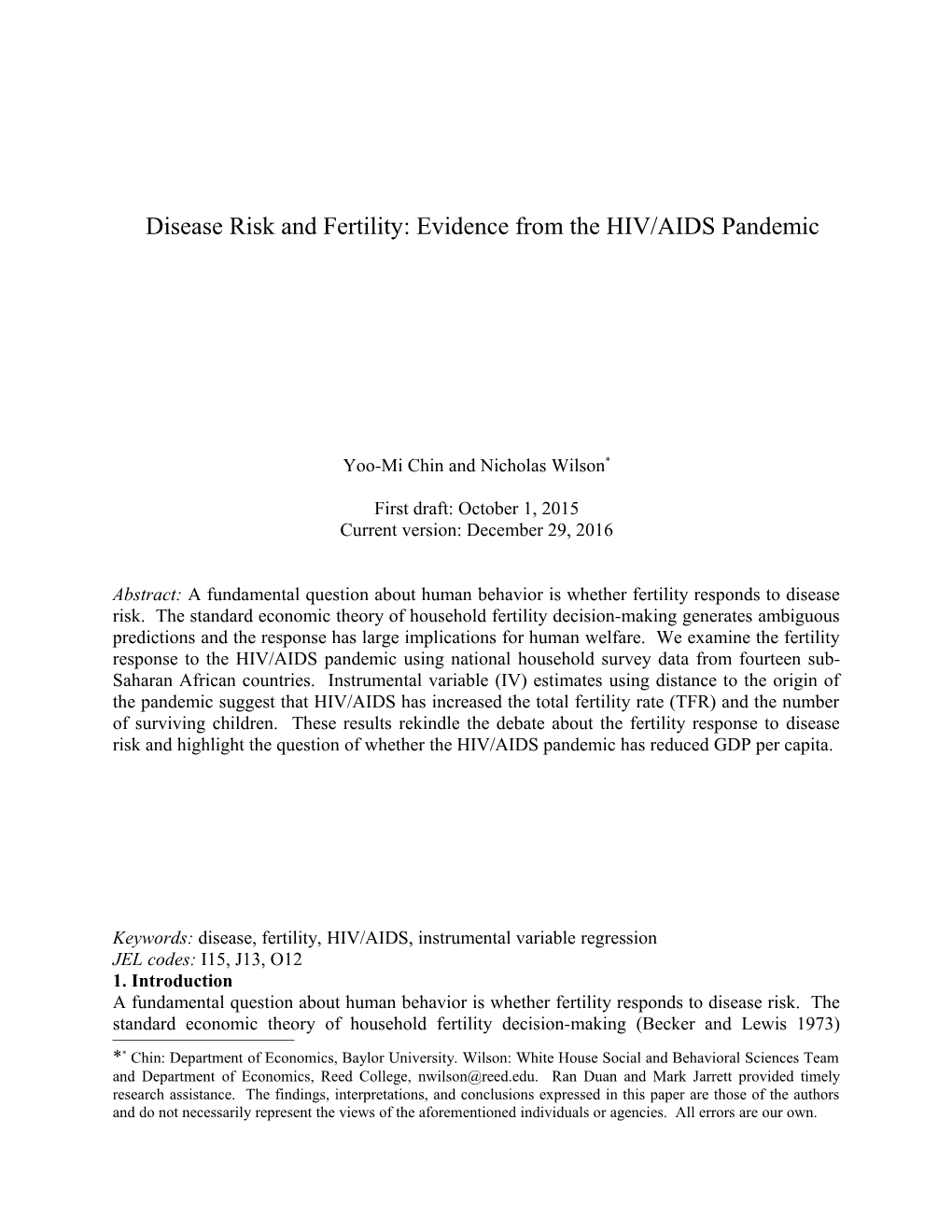 Disease Risk and Fertility: Evidence from the HIV/AIDS Pandemic