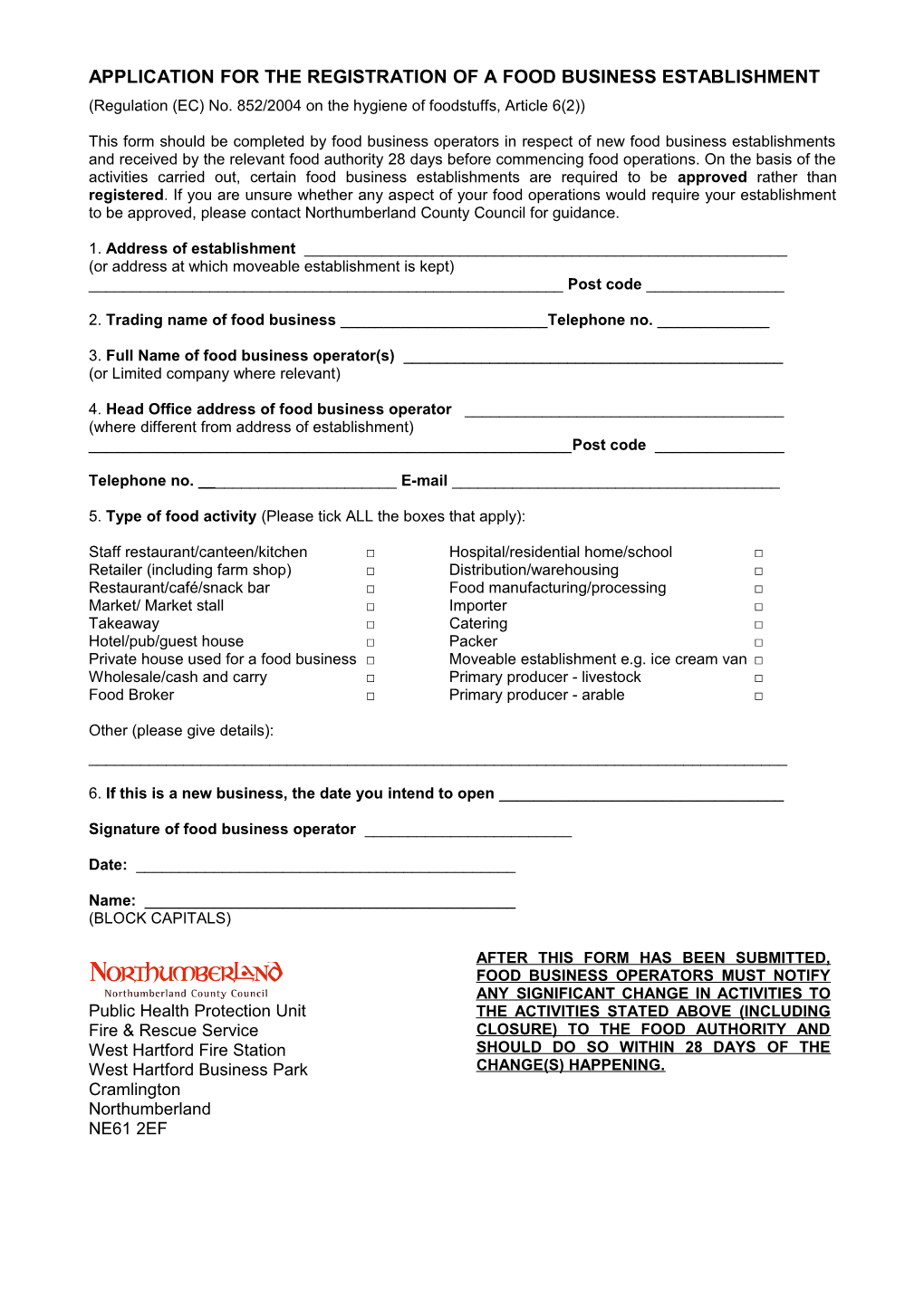 Application for the Registration of a Food Business Establishment