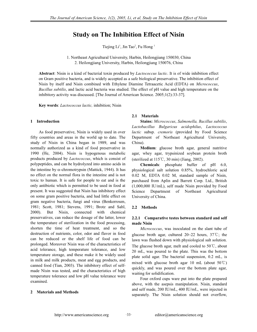 Study on the Inhibition Effect of Nisin