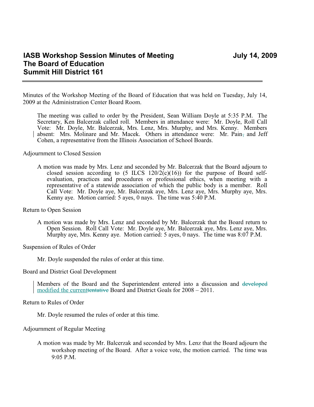 Minutes of the Regular Session Meeting of the Board of Education That Was Held on Wednesday