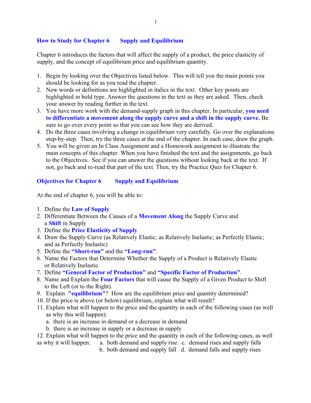 Chapter 6 SUPPLY and EQUILIBRIUM