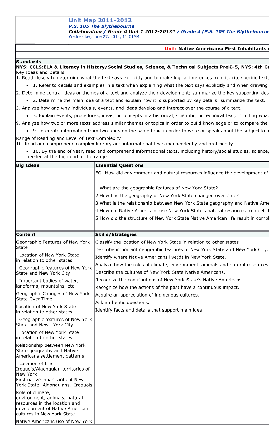 Atlas Curriculum Management Unit Map 2011-2012 P.S. 105 the Blythebourne Collaboration