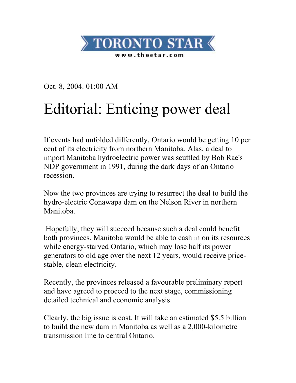 Editorial: Enticing Power Deal