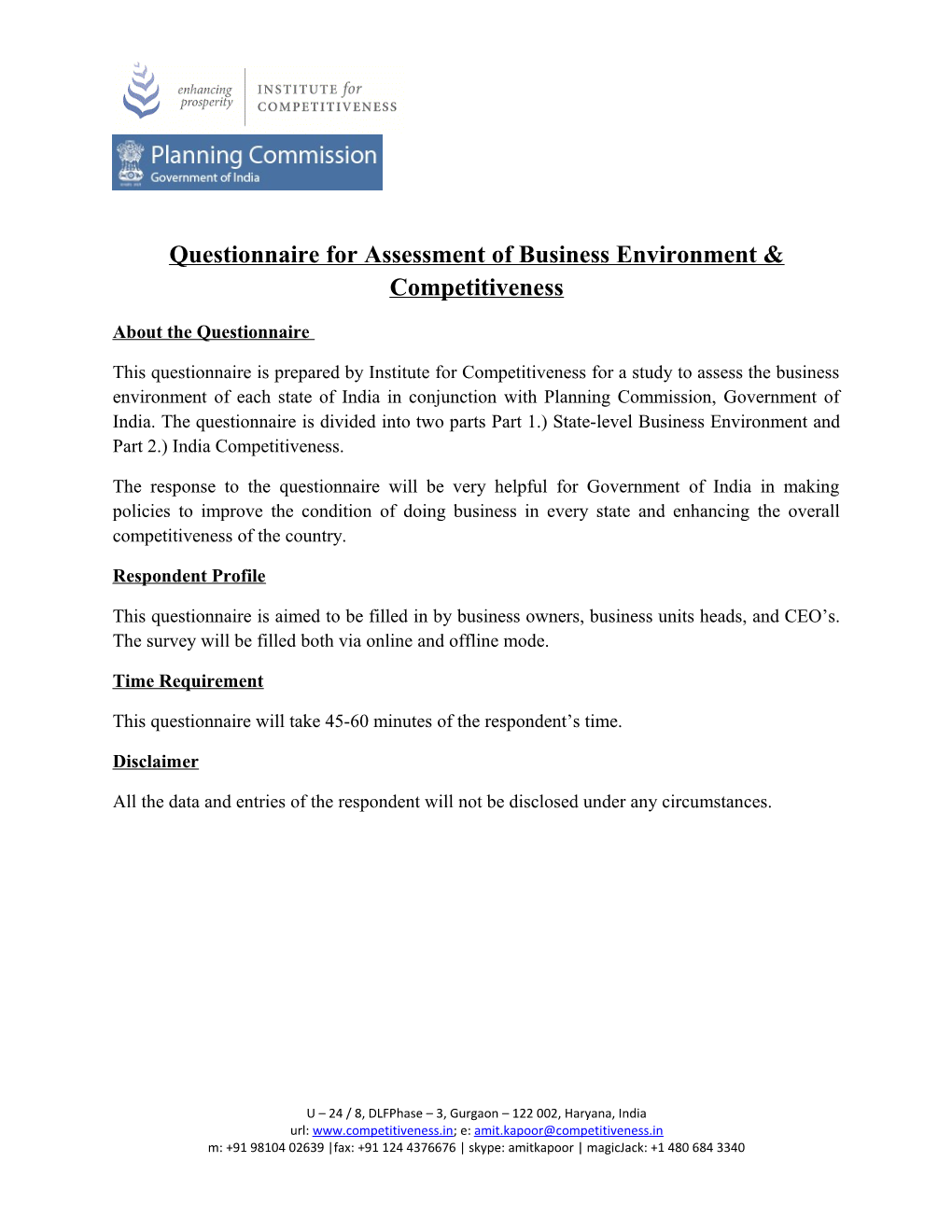 Questionnaire for Assessment of Business Environment & Competitiveness