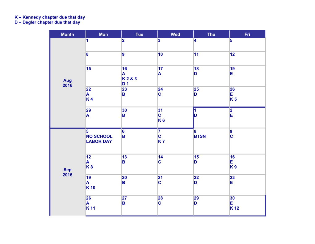 2016 Calendar - Continuous by Week