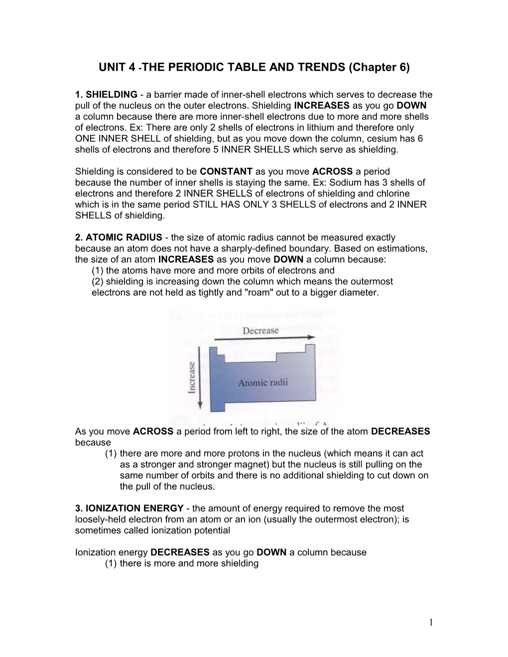 Unit 4 -The Periodic Table and Trends