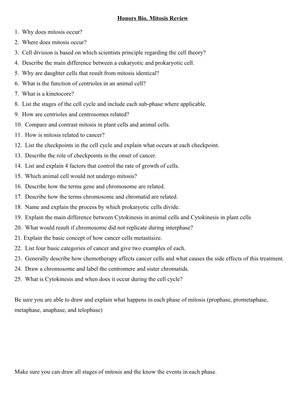 Honors Bio. Mitosis Review