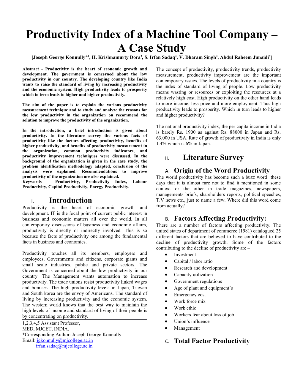 Productivity Index of a Machine Tool Company a Case Study