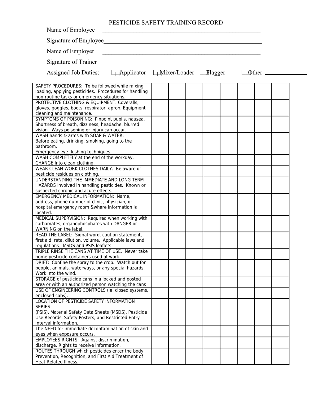 Pesticide Safety Training Record