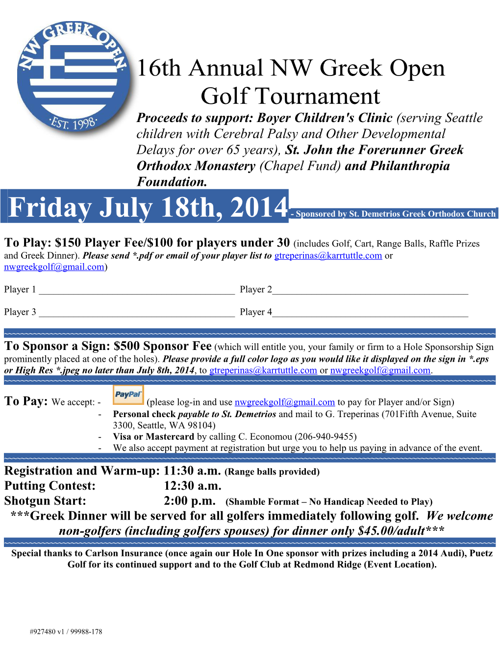 16Th Annual NW Greek Open Golf Tournament