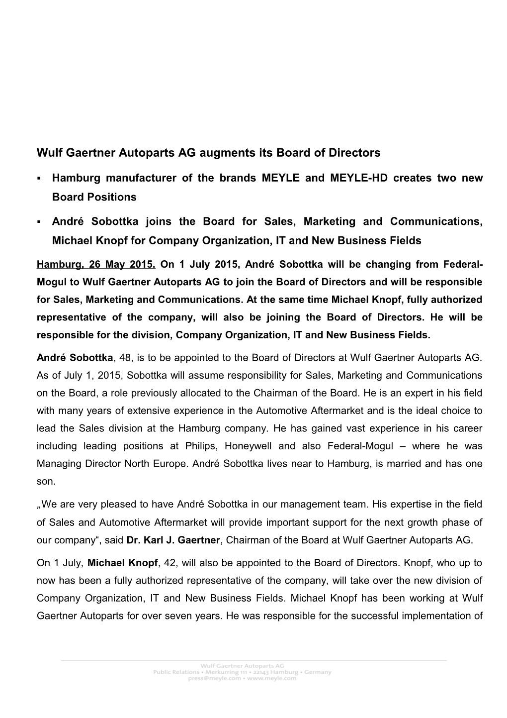 Wulf Gaertner Autoparts AG Augments Its Board of Directors