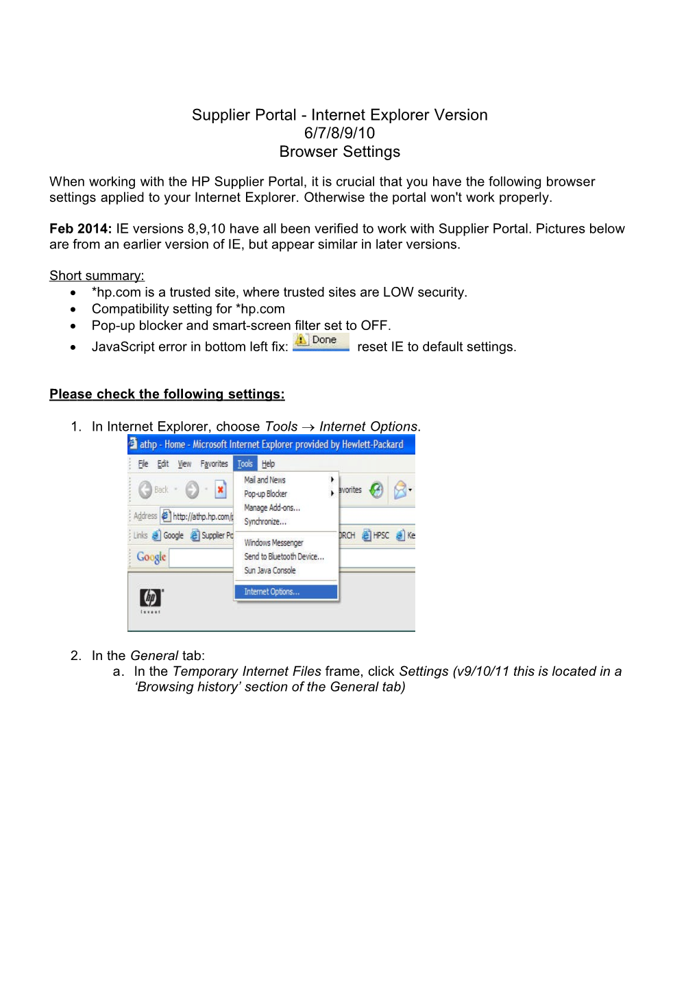 Supplier Portal - Internet Explorer Version 6/7/8/9/10