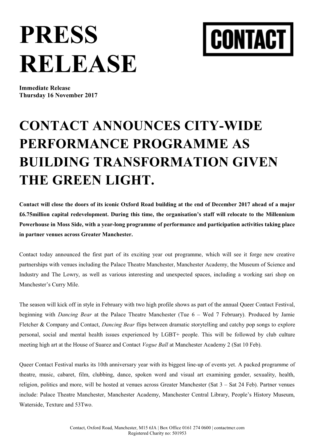 Contact Announces City-Wide Performance Programme As Building Transformation Given The