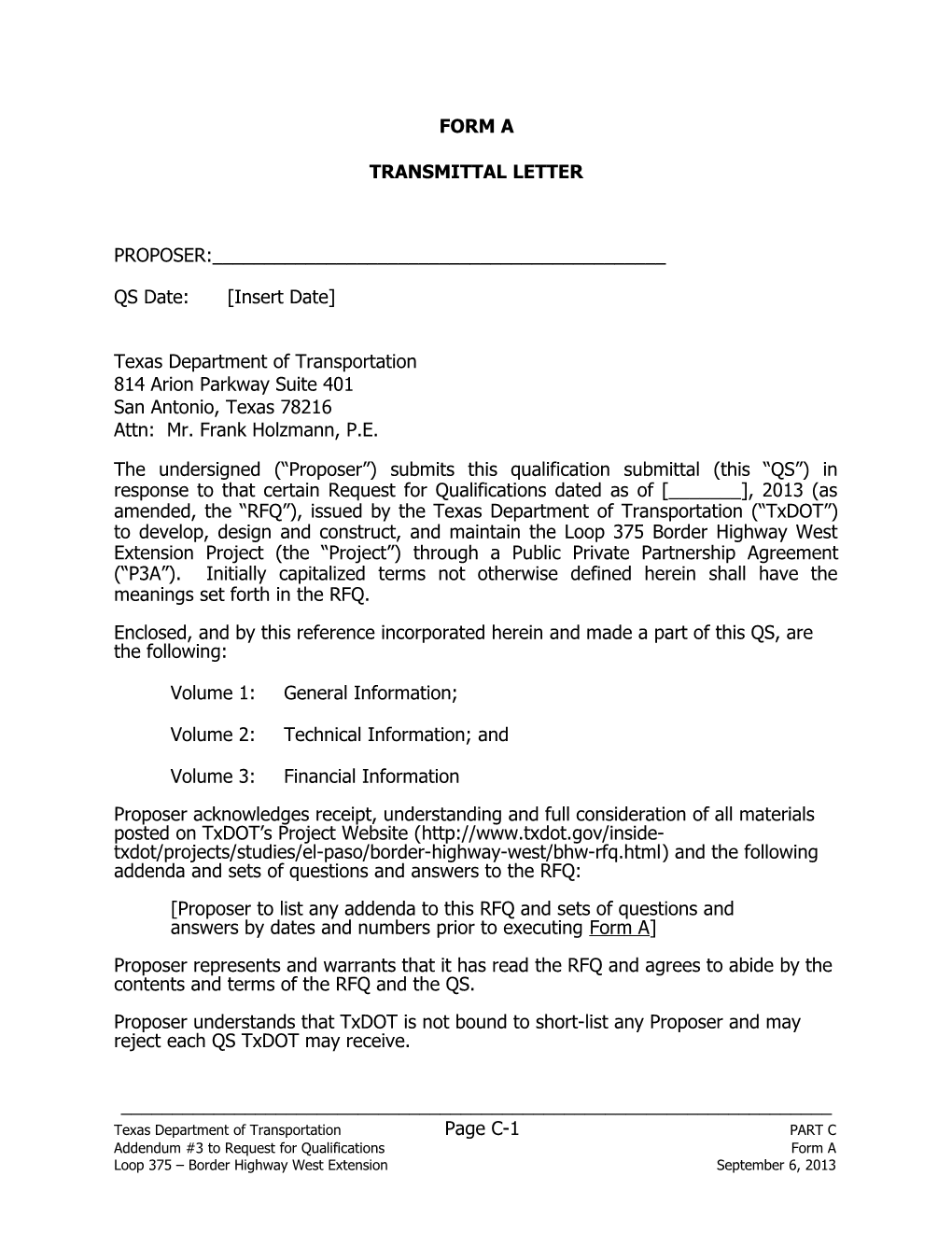 Loop 375 Border Highway West Extension - Request for Qualifications - Addendum 3 Forms